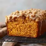 Close-up of moist pumpkin streusel bread with cinnamon crumble topping and maple glaze on a cooling rack.