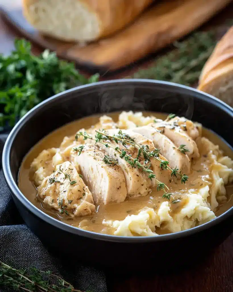 Steaming Slow Cooker Chicken and Gravy over mashed potatoes in a black bowl, garnished with thyme and served with crusty bread