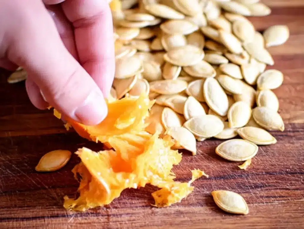 Hand separating raw pumpkin seeds from pumpkin pulp on a wooden board
