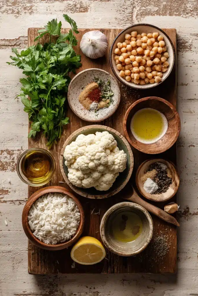 Flat lay of cauliflower, chickpeas, spices, rice, lemon, garlic, herbs, tahini, and olive oil for cauliflower shawarma bowls.