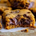 Bitten pumpkin chocolate chip bar with gooey center and soft crumb