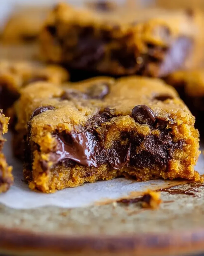 Bitten pumpkin chocolate chip bar with gooey center and soft crumb