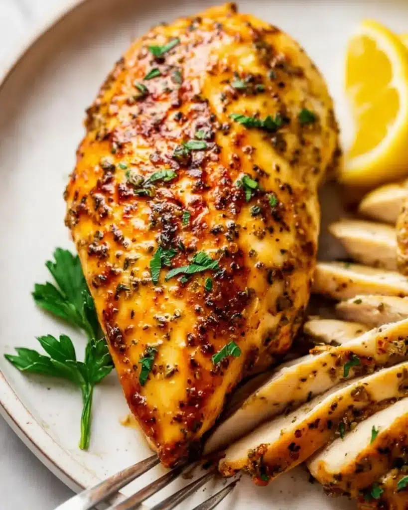Italian herb-seasoned air fryer chicken breast sliced on a white plate with lemon wedges