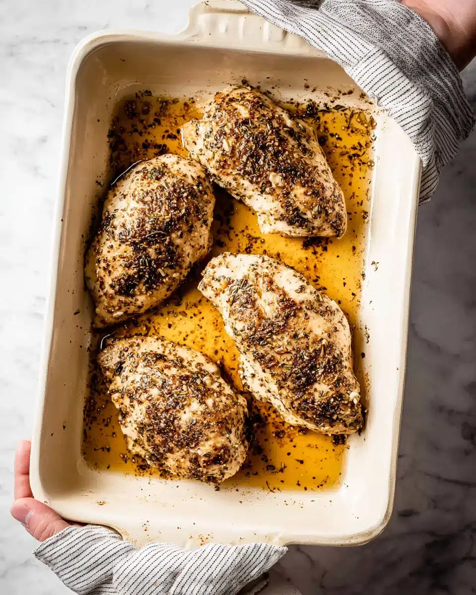 Juicy baked chicken breasts in a white ceramic baking dish with golden pan juices and herb seasoning.