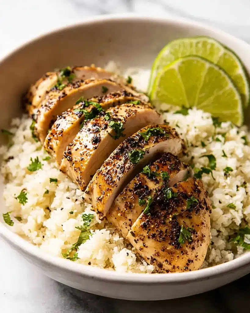 Sliced juicy baked chicken breast served over cauliflower rice with herbs and lime.