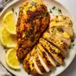 Sliced air fryer chicken breasts on a plate with lemon wedges and fresh herbs, showing juicy texture and golden crust