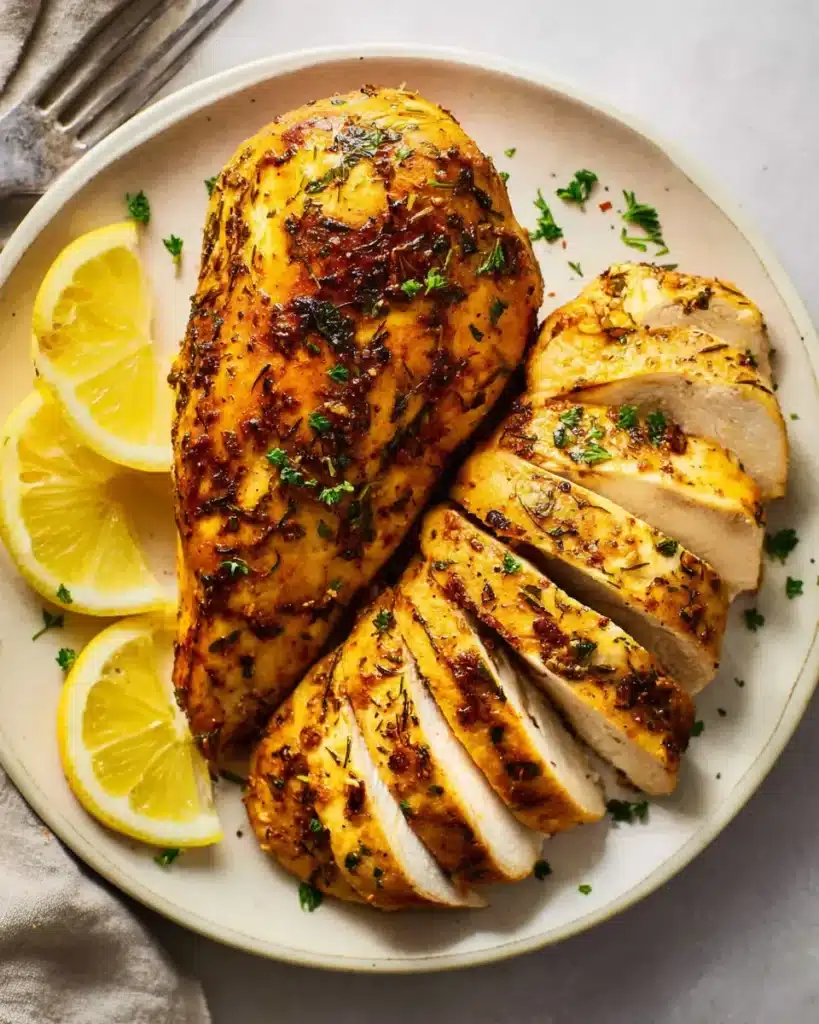 Sliced air fryer chicken breasts on a plate with lemon wedges and fresh herbs, showing juicy texture and golden crust