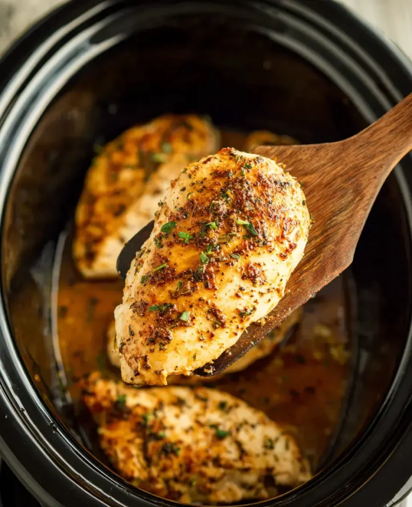 Cooked chicken breast lifted from slow cooker with herbs and broth