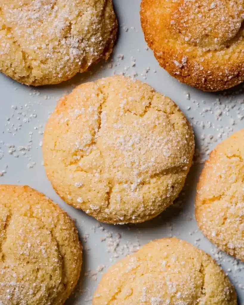 Soft keto cream cheese cookies with golden edges and powdered sweetener on a blue ceramic surface