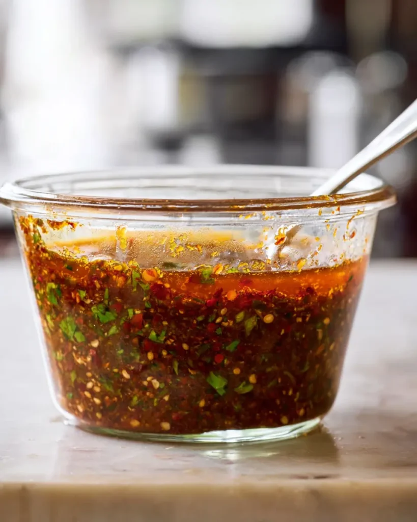 Side view of homemade Mexican chicken marinade with layered chili oil and fresh herbs in a clear glass bowl.