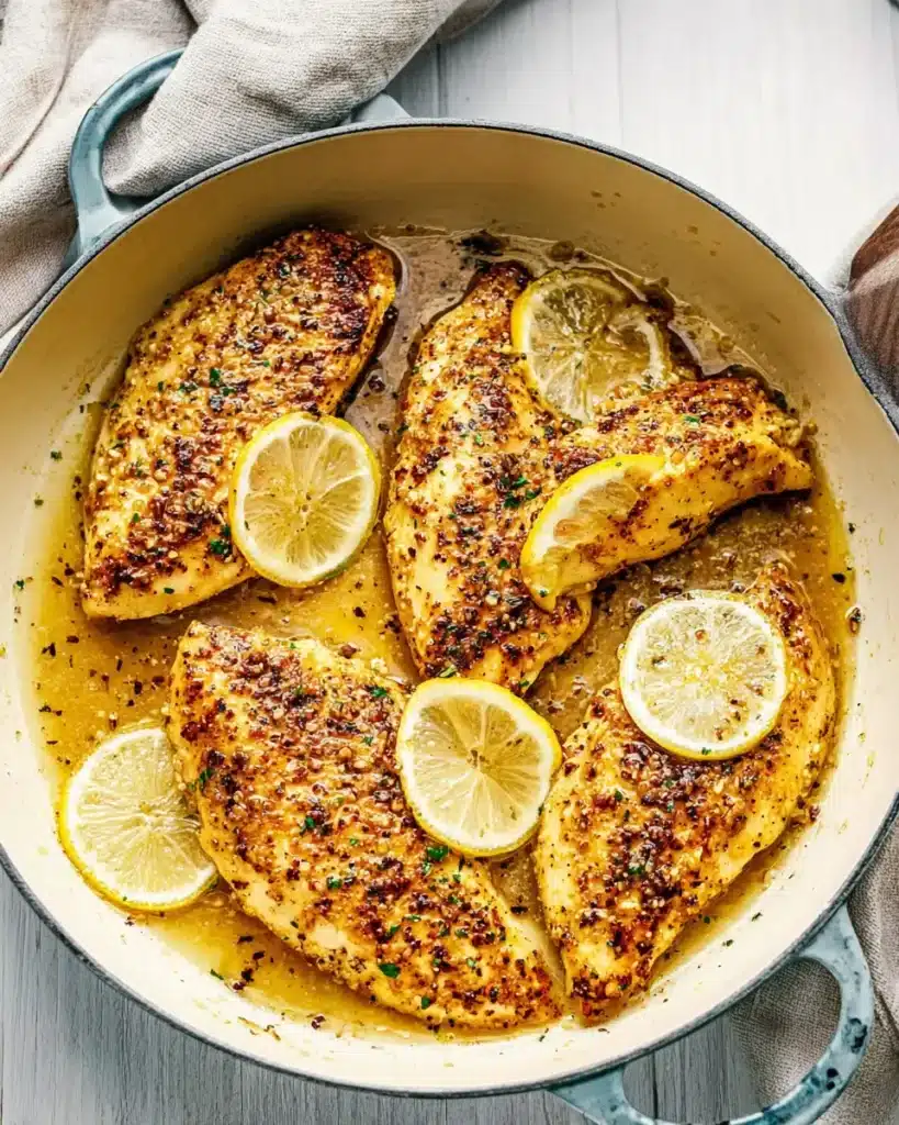 Golden seared lemon pepper chicken breasts in garlic butter sauce, garnished with lemon slices in a ceramic skillet.