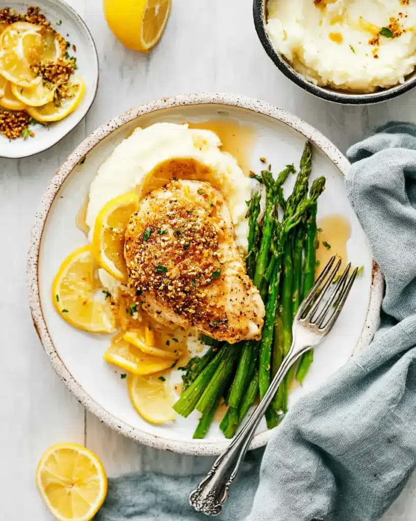 Plated lemon pepper chicken with mashed potatoes and asparagus on white ceramic plate