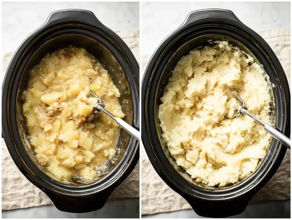 Mashing cooked potatoes with butter and cream in a slow cooker side-by-side