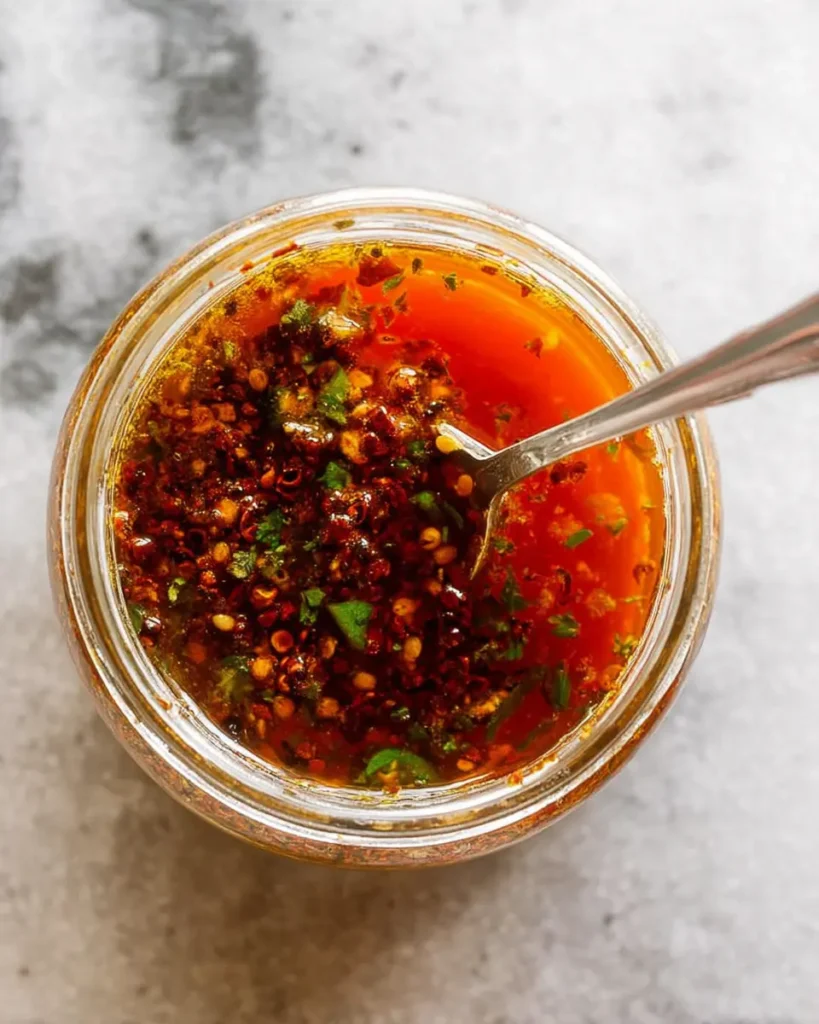 Chunky chipotle-lime Mexican chicken marinade in a glass jar with spoon, vibrant red oil and fresh herbs on stone surface.