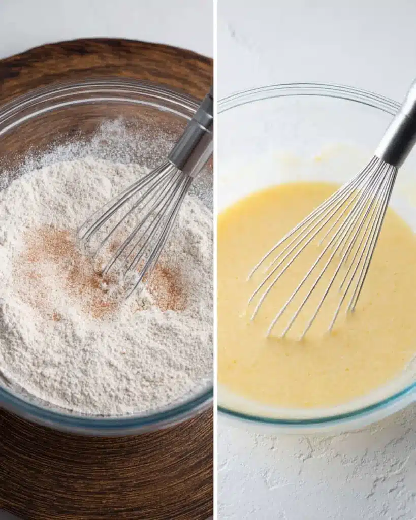 Glass bowls showing whisked dry ingredients and creamy wet ingredients side by side for cinnamon muffins.