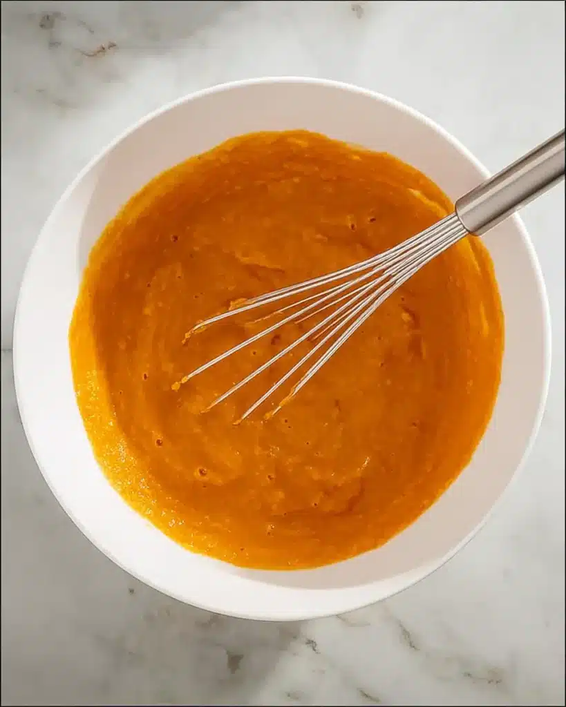 Bowl of smooth orange pumpkin cupcake batter with whisk on marble surface