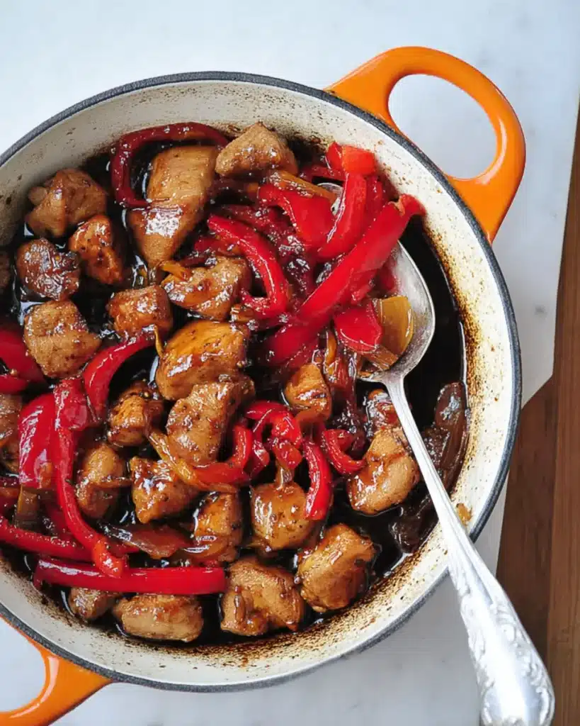 Top-down view of one pot black pepper chicken in cast iron skillet with red peppers and rich soy glaze