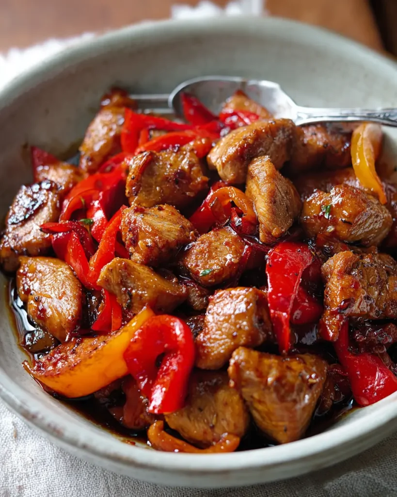 One pot black pepper chicken with red bell peppers in glossy sauce, served in a bowl with fork