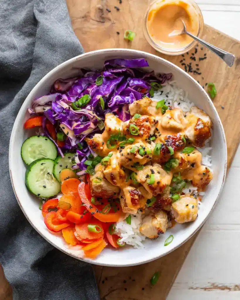 Overhead view of Bang Bang Chicken Bowl with crispy chicken, creamy sauce, and colorful veggies