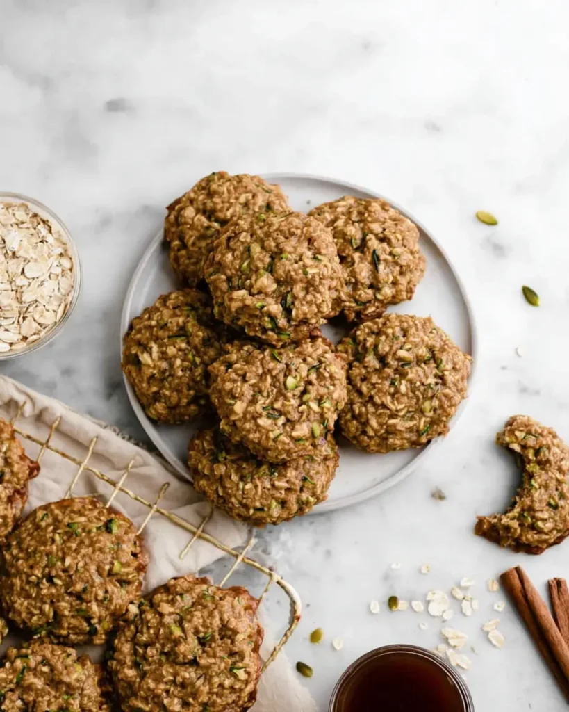 Overhead view of zucchini oatmeal cookies on a plate with oats, maple syrup, and cinnamon sticks on a rustic dark slate surface.