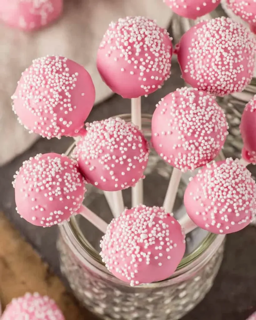Overhead view of bright pink cake pops with white sprinkles arranged in glass jars on a slate surface.