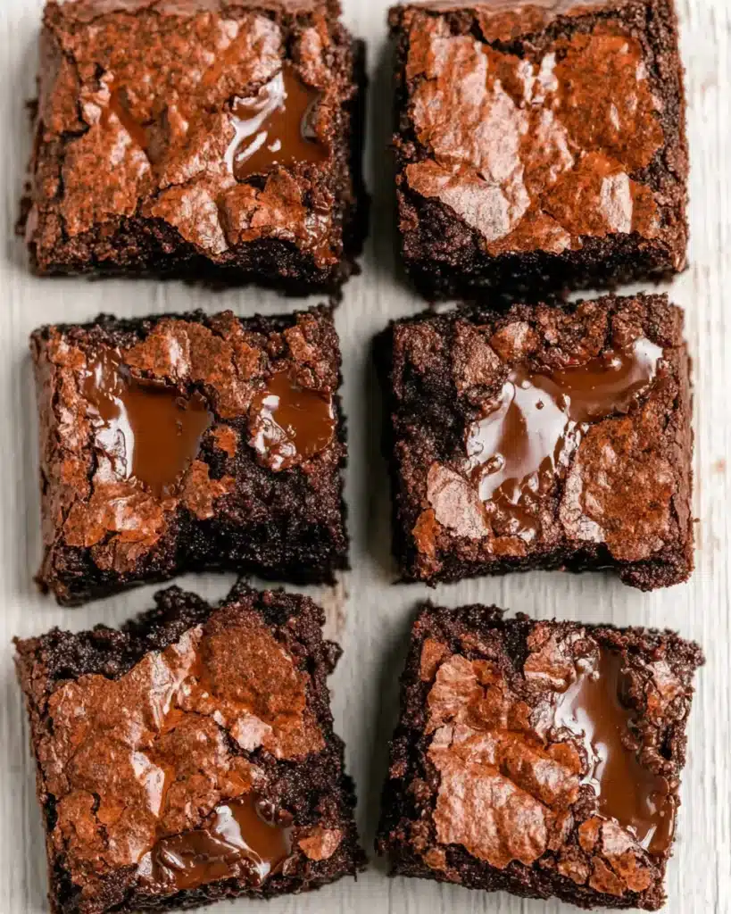 Six neatly arranged fudgy brownies with cracked glossy tops and gooey melted chocolate, rustic presentation