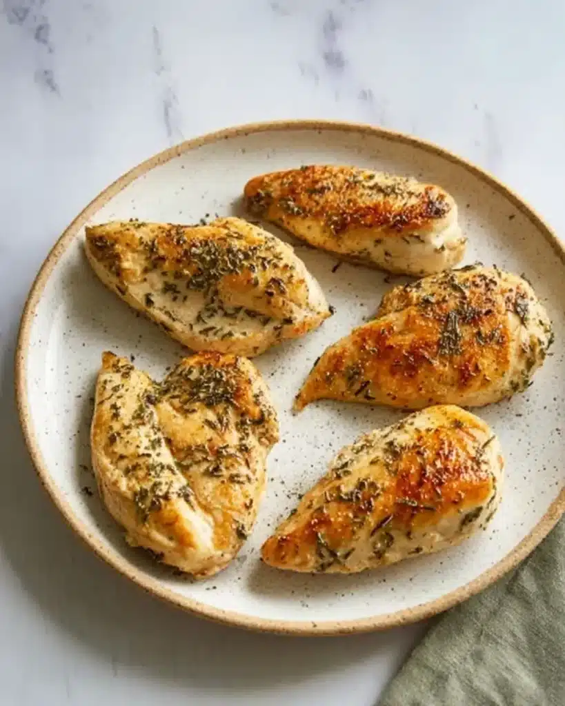 Golden herb-seared chicken breasts on a ceramic plate, showing crisp edges and juicy texture before adding to creamy garlic parmesan sauce.