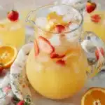 Glass pitcher of citrus breakfast punch with ice, lemon slices, and strawberries on a pastel table