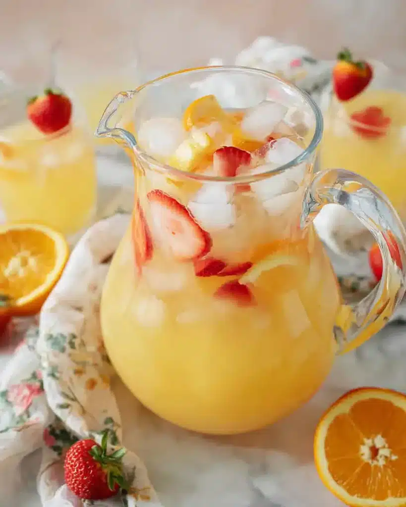 Glass pitcher of citrus breakfast punch with ice, lemon slices, and strawberries on a pastel table