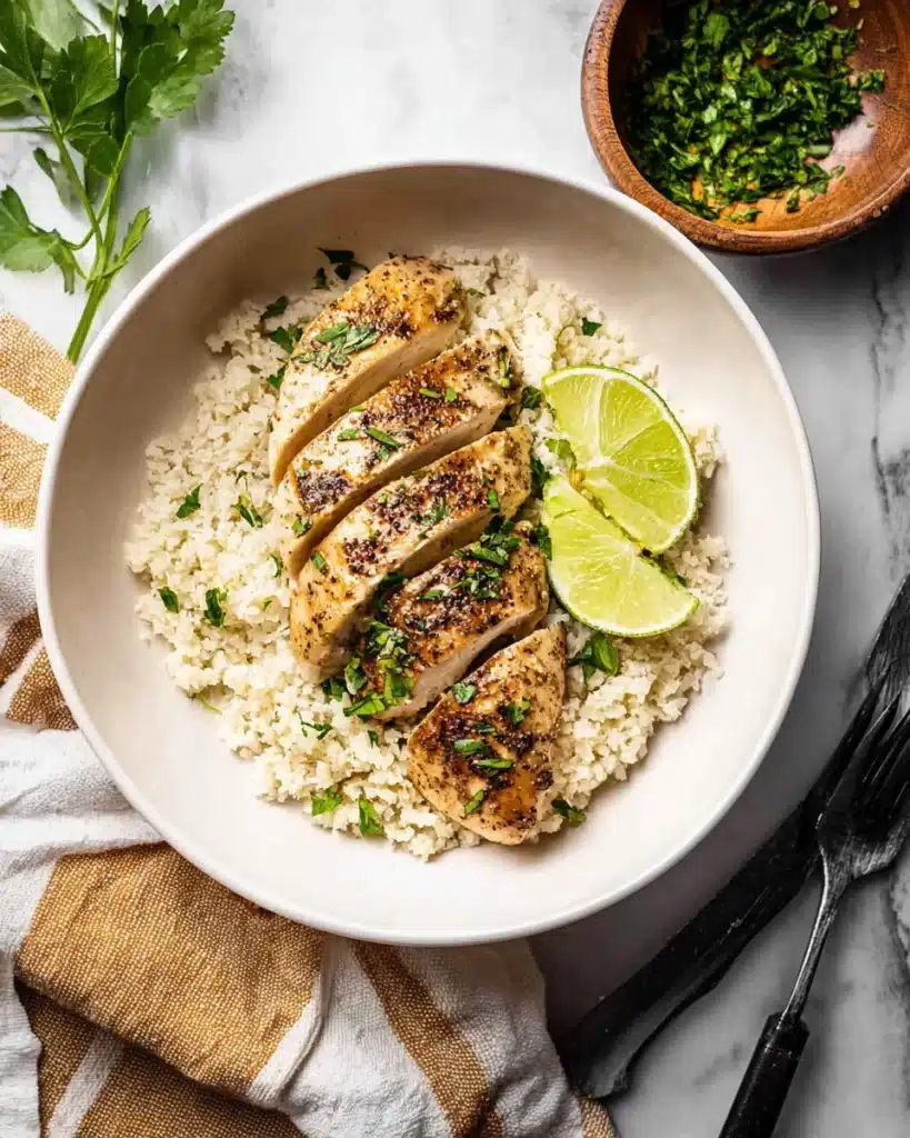 Sliced herb baked chicken breast over cauliflower rice with parsley and lime in a white bowl.