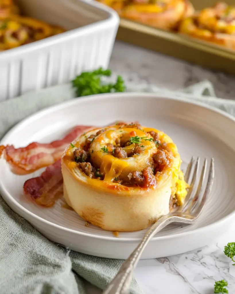 Single cheesy breakfast roll on a plate with bacon and parsley
