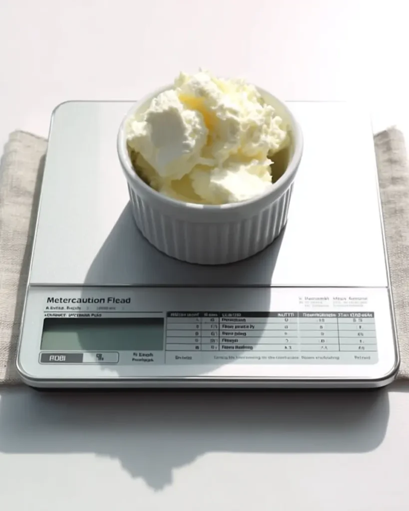 Soft cream cheese in a white ramekin placed on a digital kitchen scale, showing portion size