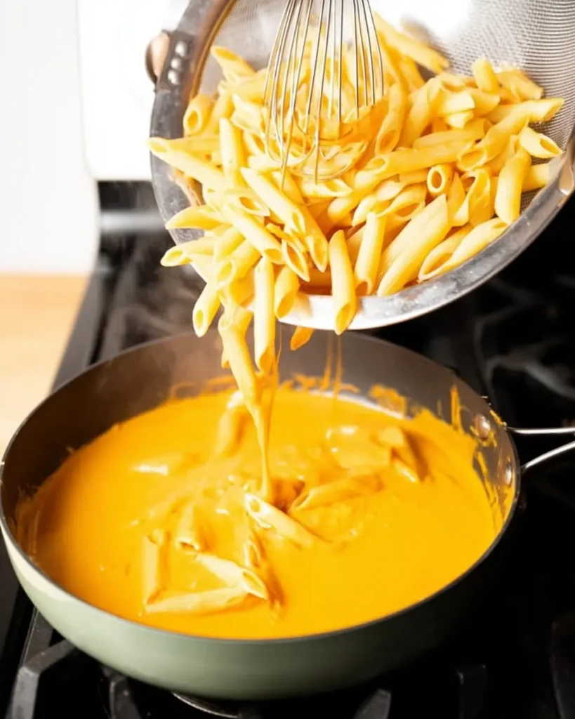 Penne pasta pouring from a colander into pumpkin sauce in a skillet on a stove