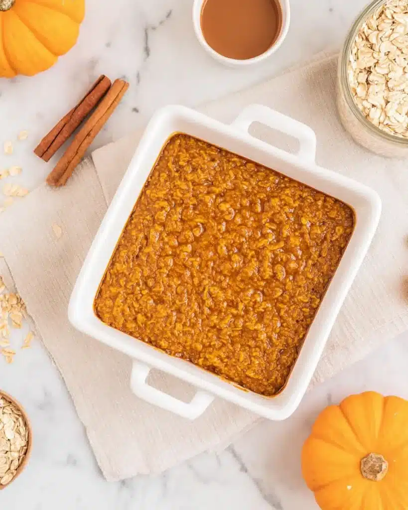 Freshly baked pumpkin oatmeal in a white baking dish with oats and fall spices around