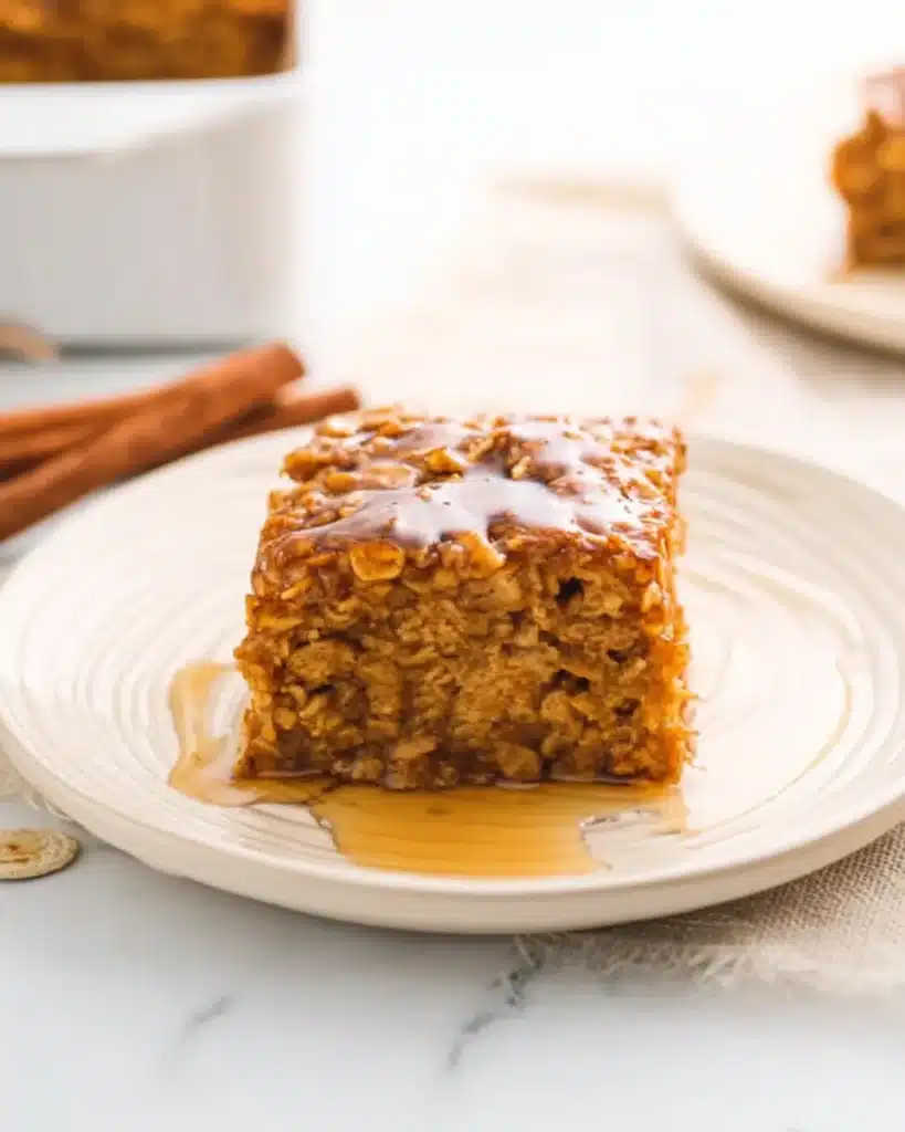 Slice of pumpkin baked oatmeal with syrup on a white plate, served on a cozy breakfast table