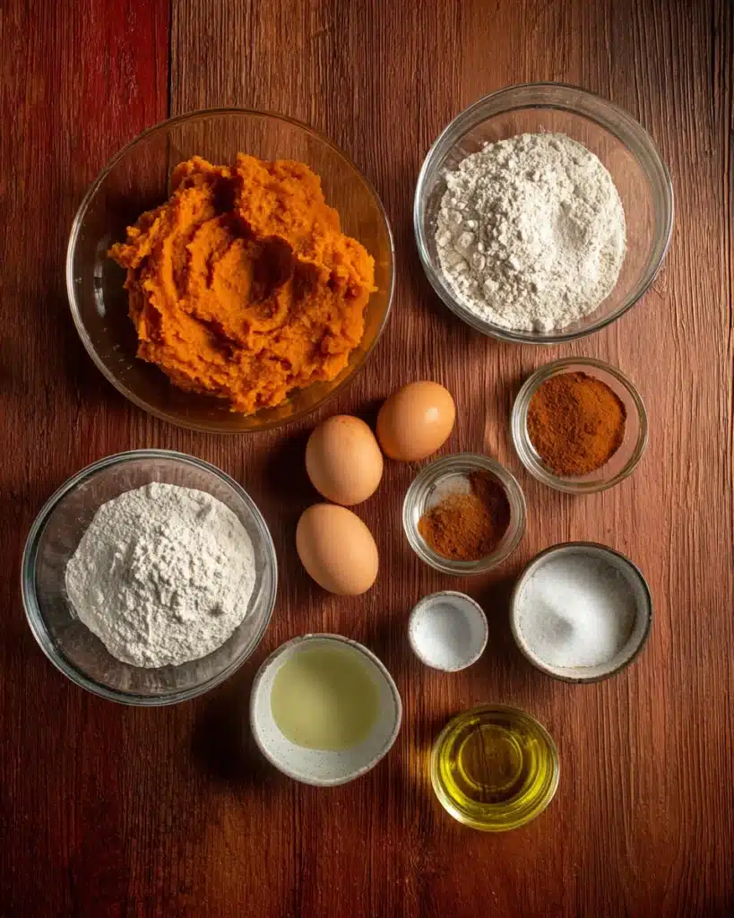 Flat lay of ingredients for pumpkin bars including flour, eggs, sugar, and pumpkin on a rustic wooden table