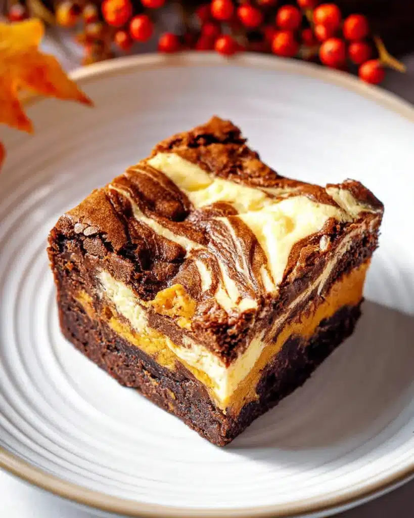 Close-up of a single pumpkin cheesecake brownie with chocolate and pumpkin swirl on a white ceramic plate