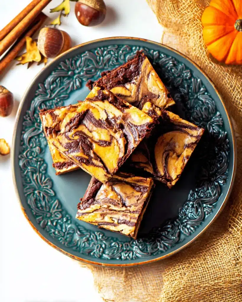 Swirled pumpkin cheesecake brownies on a ceramic plate with fall-themed decor