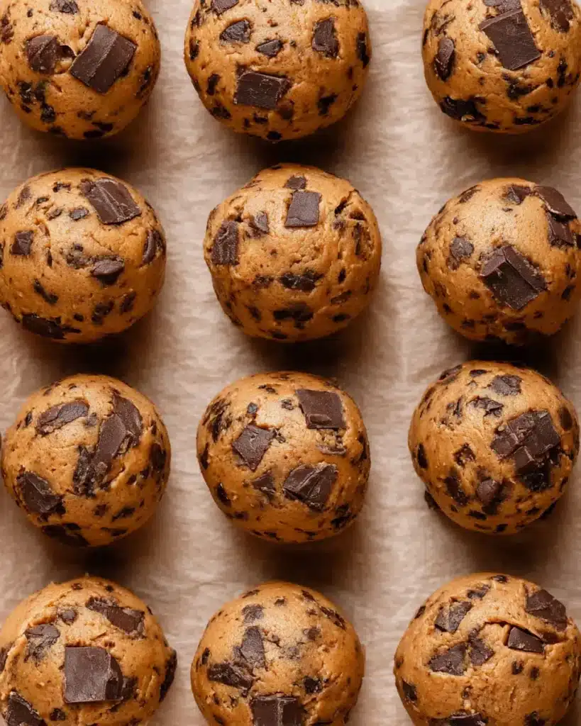 Unbaked pumpkin chocolate chip cookie dough balls arranged on a rustic surface, with visible dark chocolate chunks