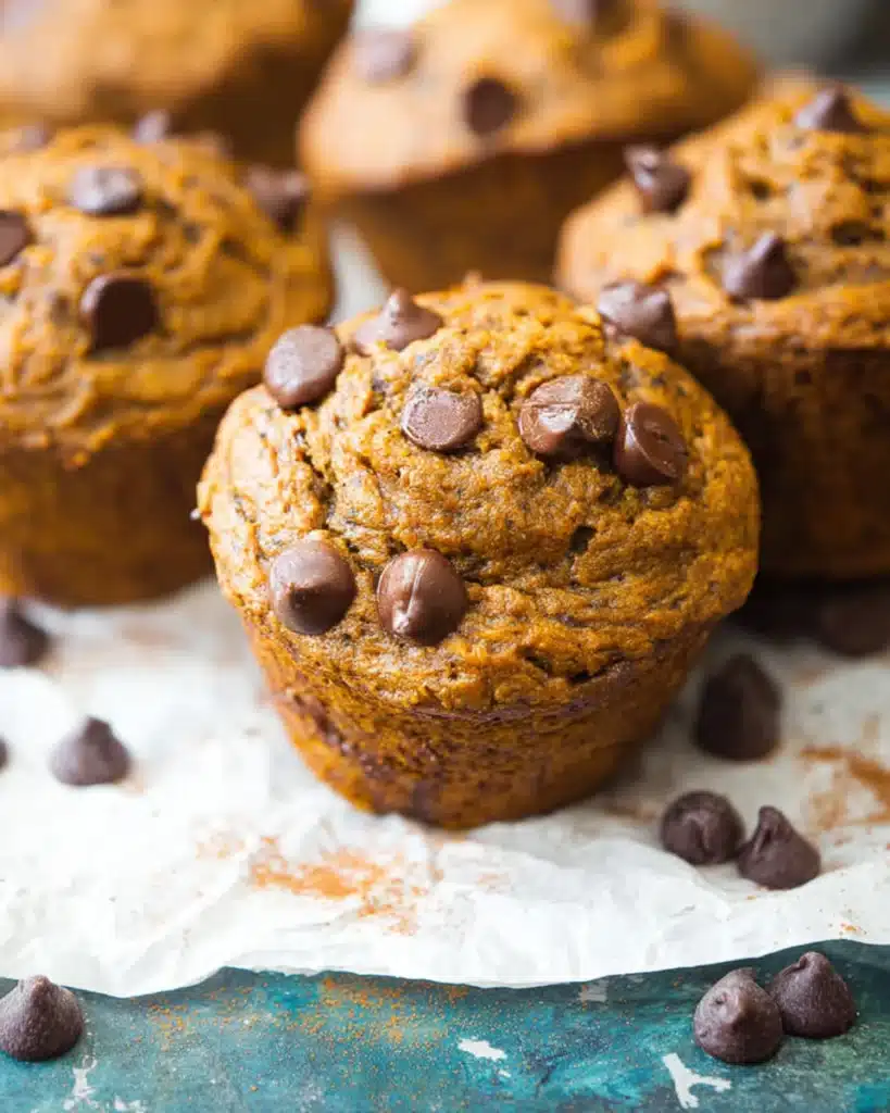 Freshly baked pumpkin chocolate chip muffins with melted chocolate chips and cinnamon dusting on parchment paper
