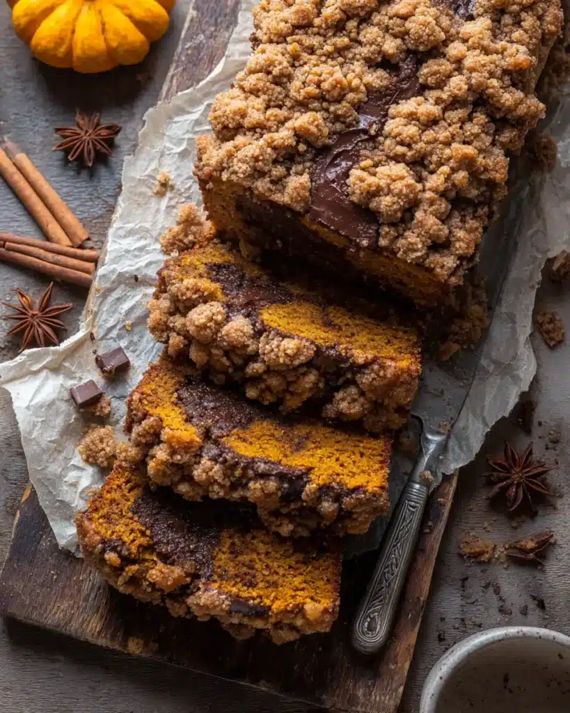 Sliced pumpkin chocolate chip streusel bread with gooey chocolate and crumbly topping on a rustic board, surrounded by spices.
