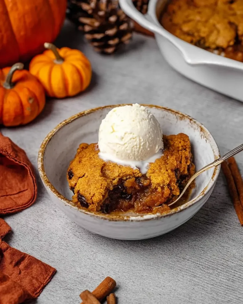 Warm pumpkin cobbler topped with vanilla ice cream in a rustic bowl, served with cozy fall decorations on a stone background