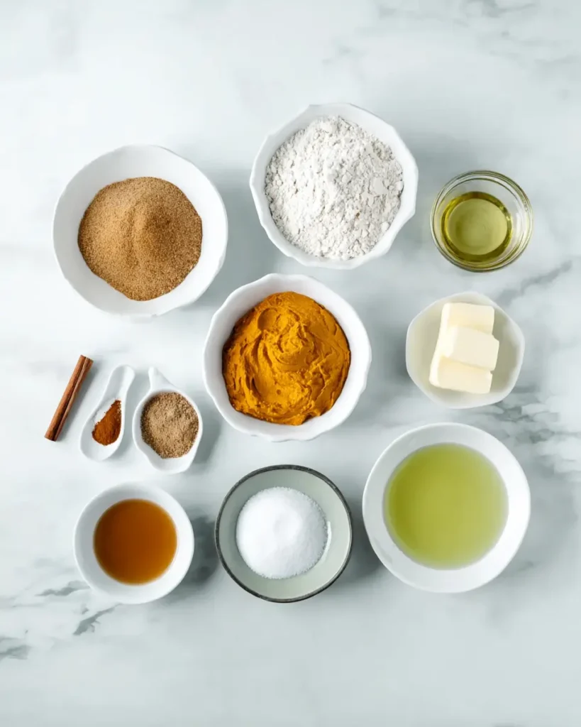 Flat lay of pumpkin coffee cake ingredients in bowls on a marble surface