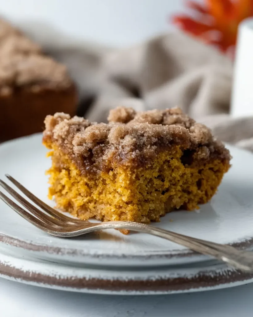 Moist slice of pumpkin coffee cake with crumb topping on white plate