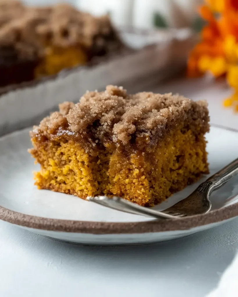 Moist pumpkin coffee cake slice with crumb topping on a white plate