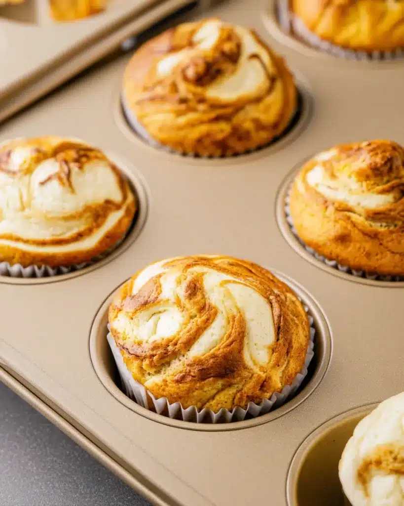 Pumpkin cream cheese swirl muffins freshly baked in a metal muffin pan