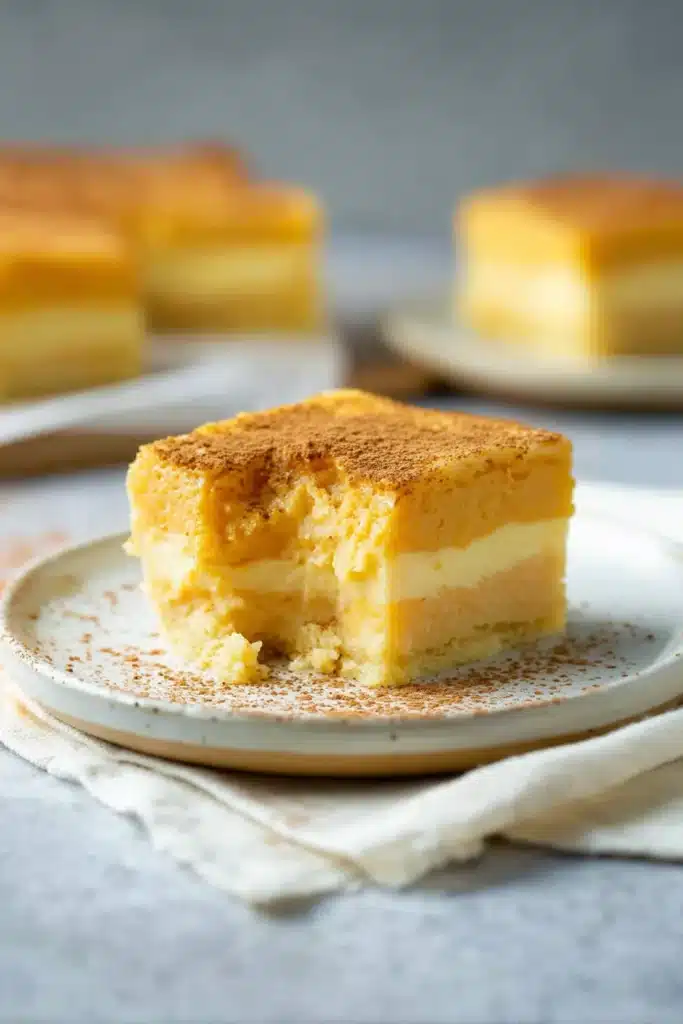 Bitten slice of pumpkin magic custard cake on a ceramic plate showing soft custard layers and golden sponge top