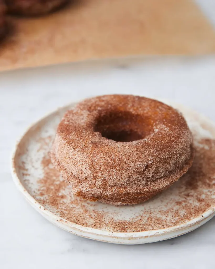 Pumpkin donut coated in cinnamon sugar on rustic plate with sugar dusted around