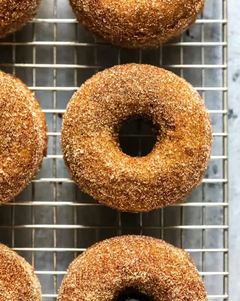 Overhead view of cinnamon sugar coated pumpkin donuts cooling on a metal rack