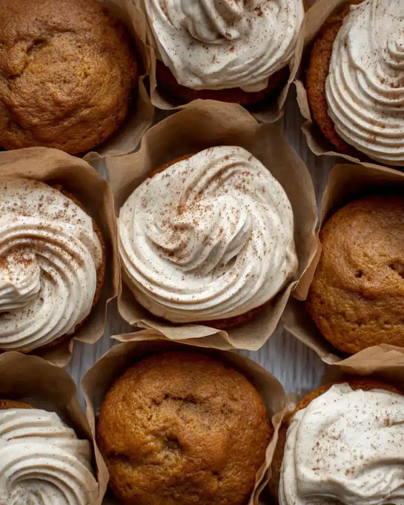 Overhead shot of frosted and plain pumpkin cupcakes with parchment liners and cinnamon-dusted frosting swirls.
